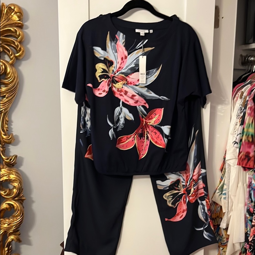 Chico's Blue and Pink pants and matching shirt with Bold Floral Design
